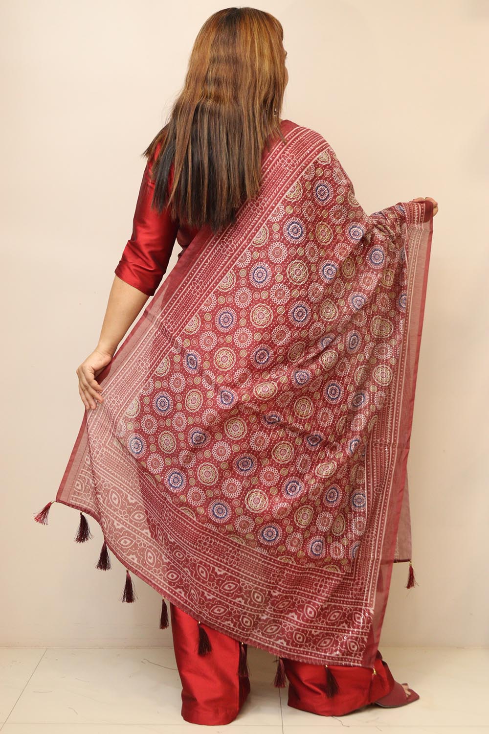 Maroon Digital Printed Chanderi Ajrakh Design Dupatta