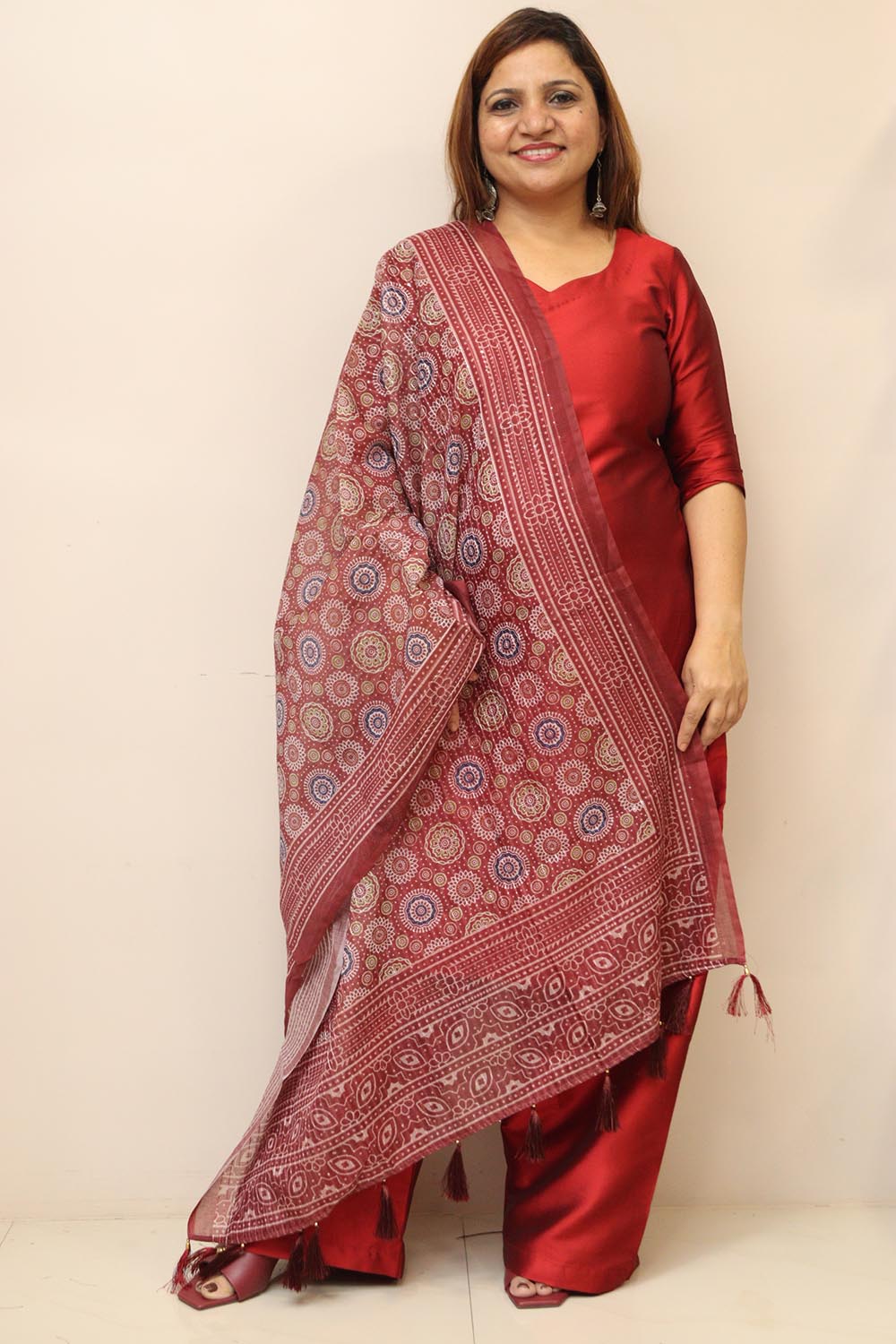 Maroon Digital Printed Chanderi Ajrakh Design Dupatta