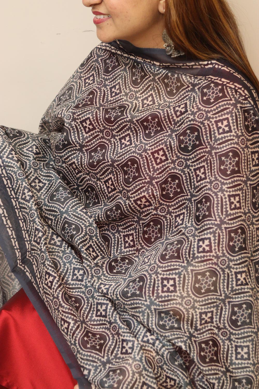 Blue Digital Printed Chanderi Ajrakh Design Dupatta