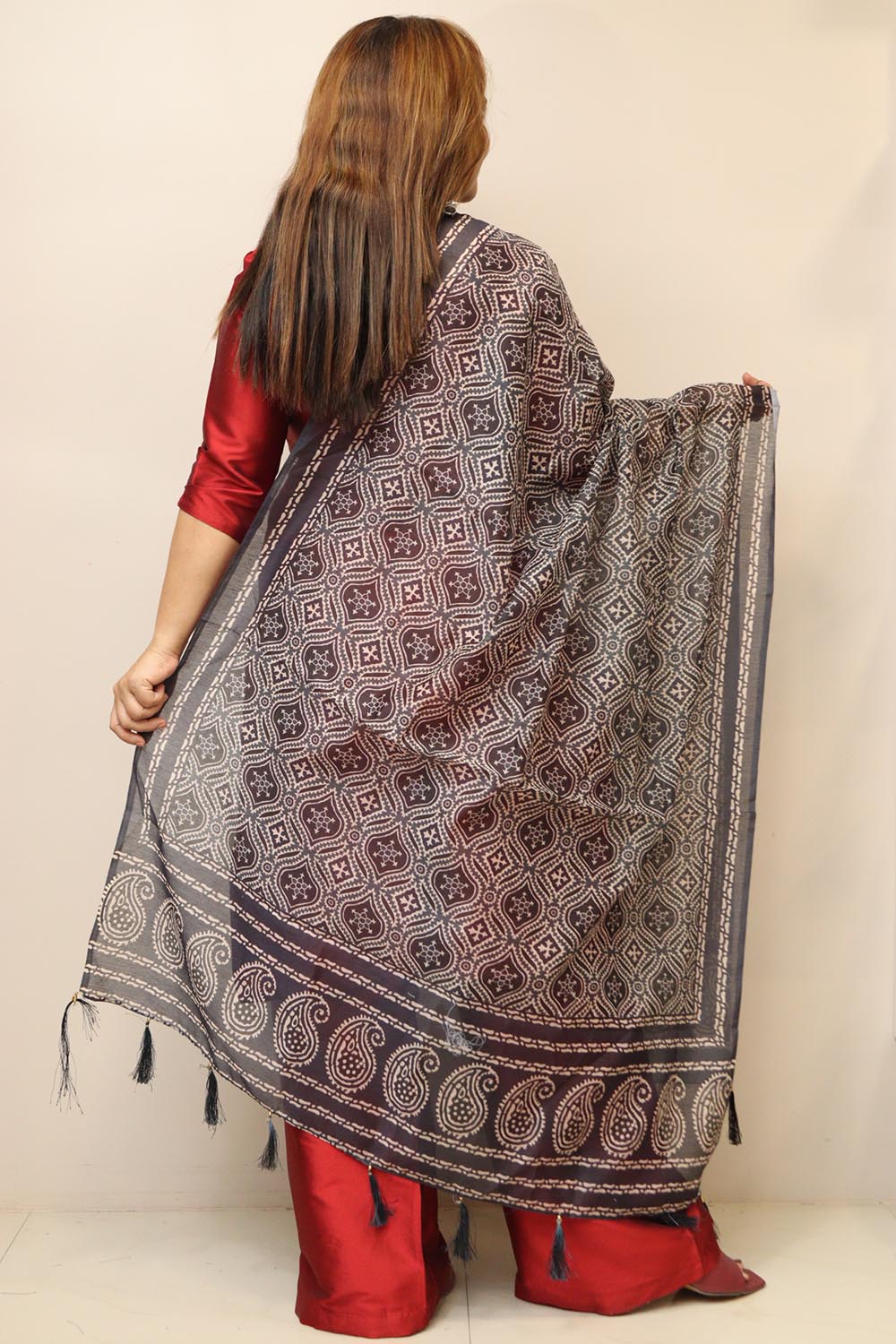 Blue Digital Printed Chanderi Ajrakh Design Dupatta