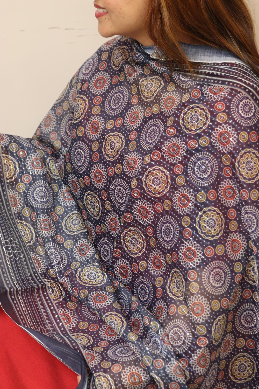 Blue Digital Printed Chanderi Ajrakh Design Dupatta