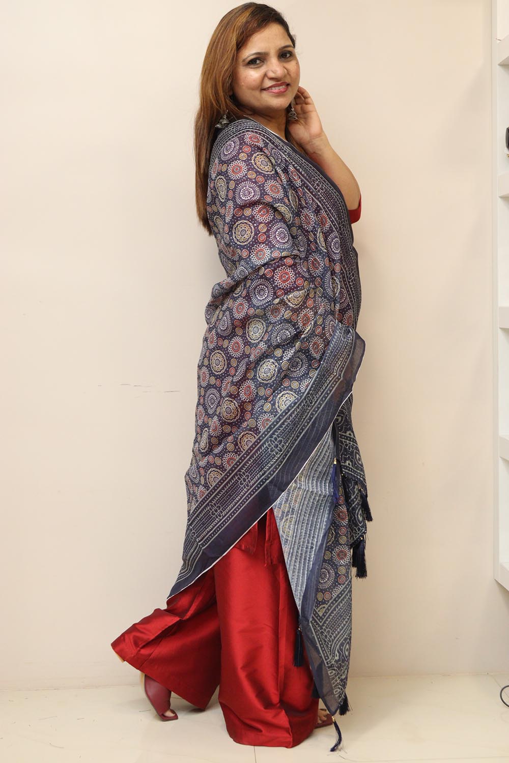 Blue Digital Printed Chanderi Ajrakh Design Dupatta