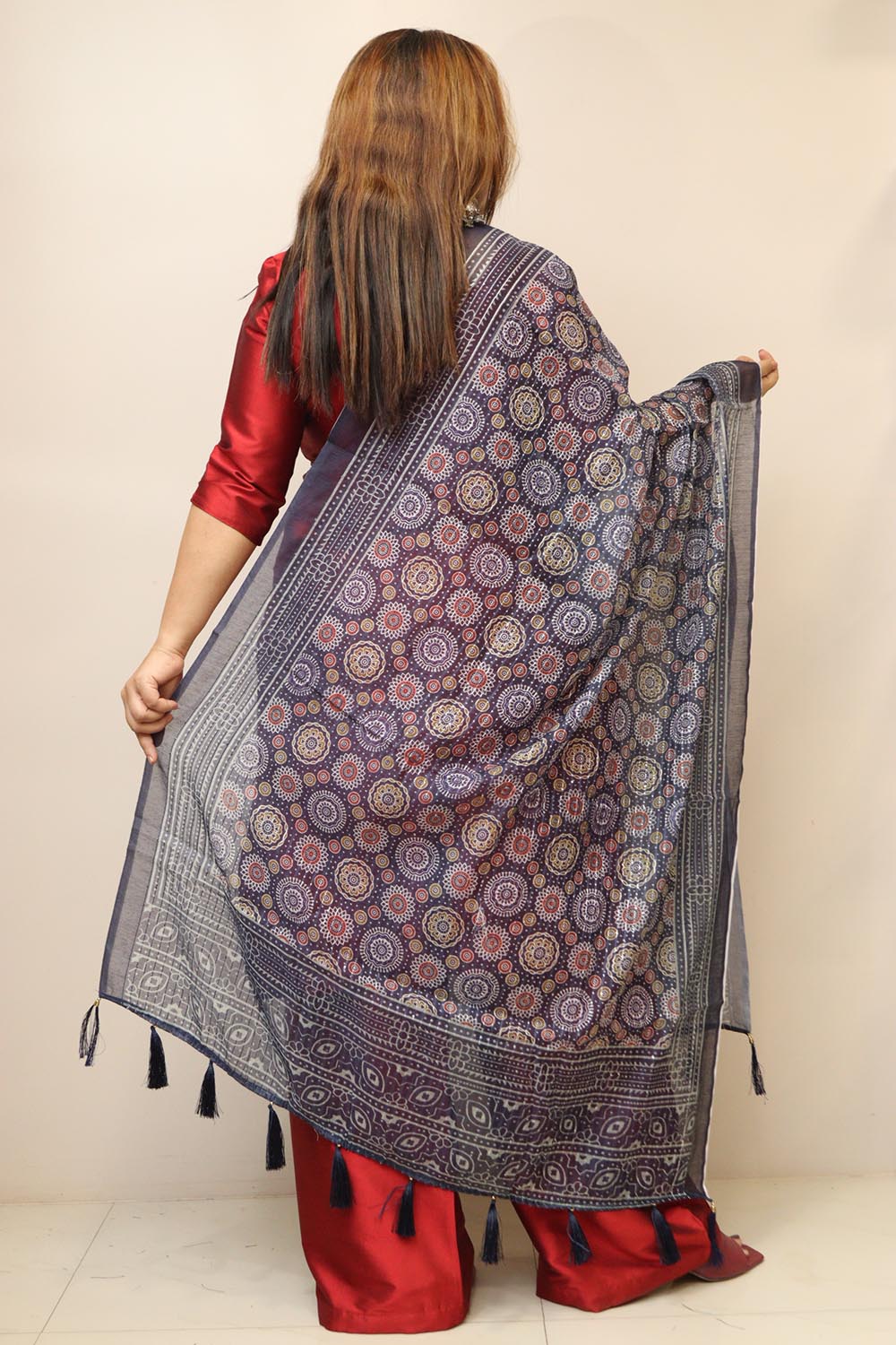 Blue Digital Printed Chanderi Ajrakh Design Dupatta