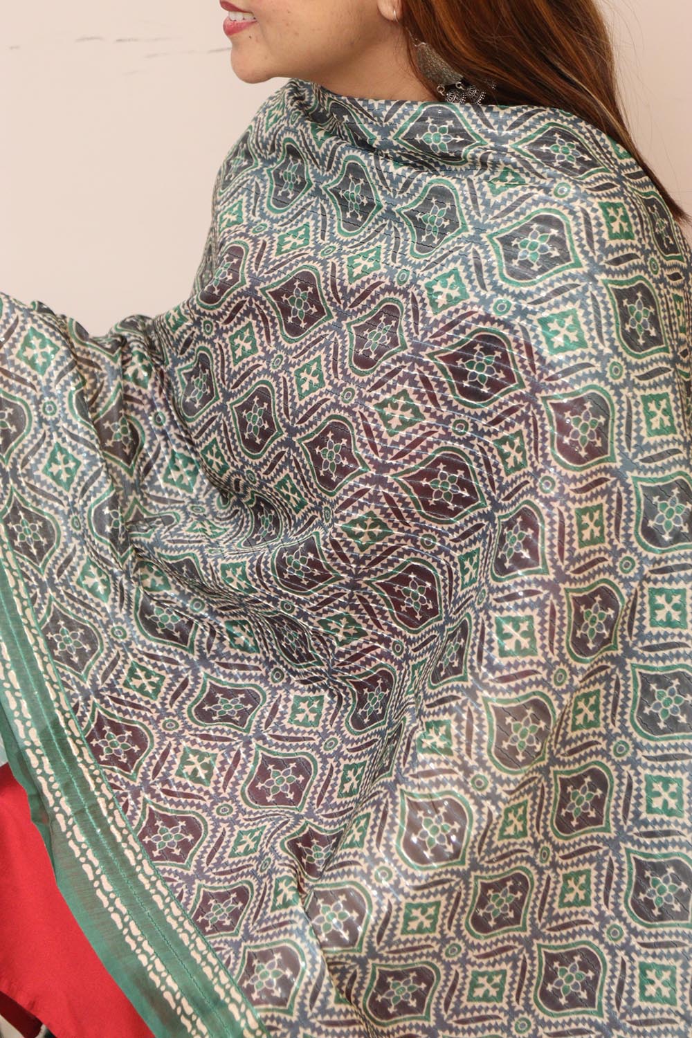 Green Digital Printed Chanderi Ajrakh Design Dupatta