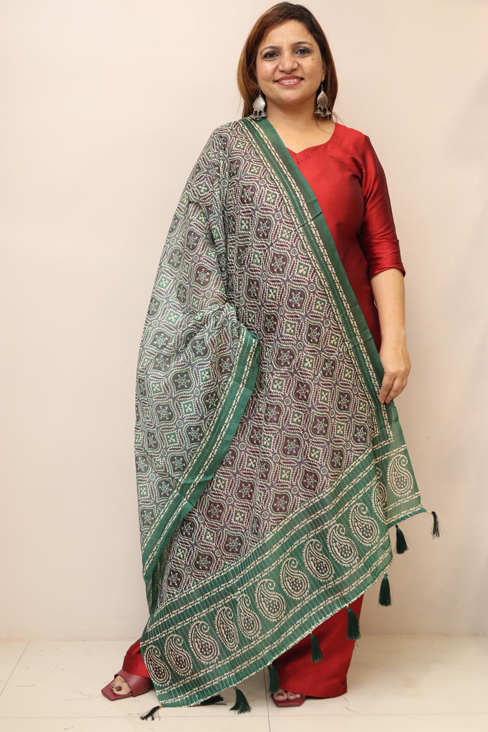 Green Digital Printed Chanderi Ajrakh Design Dupatta