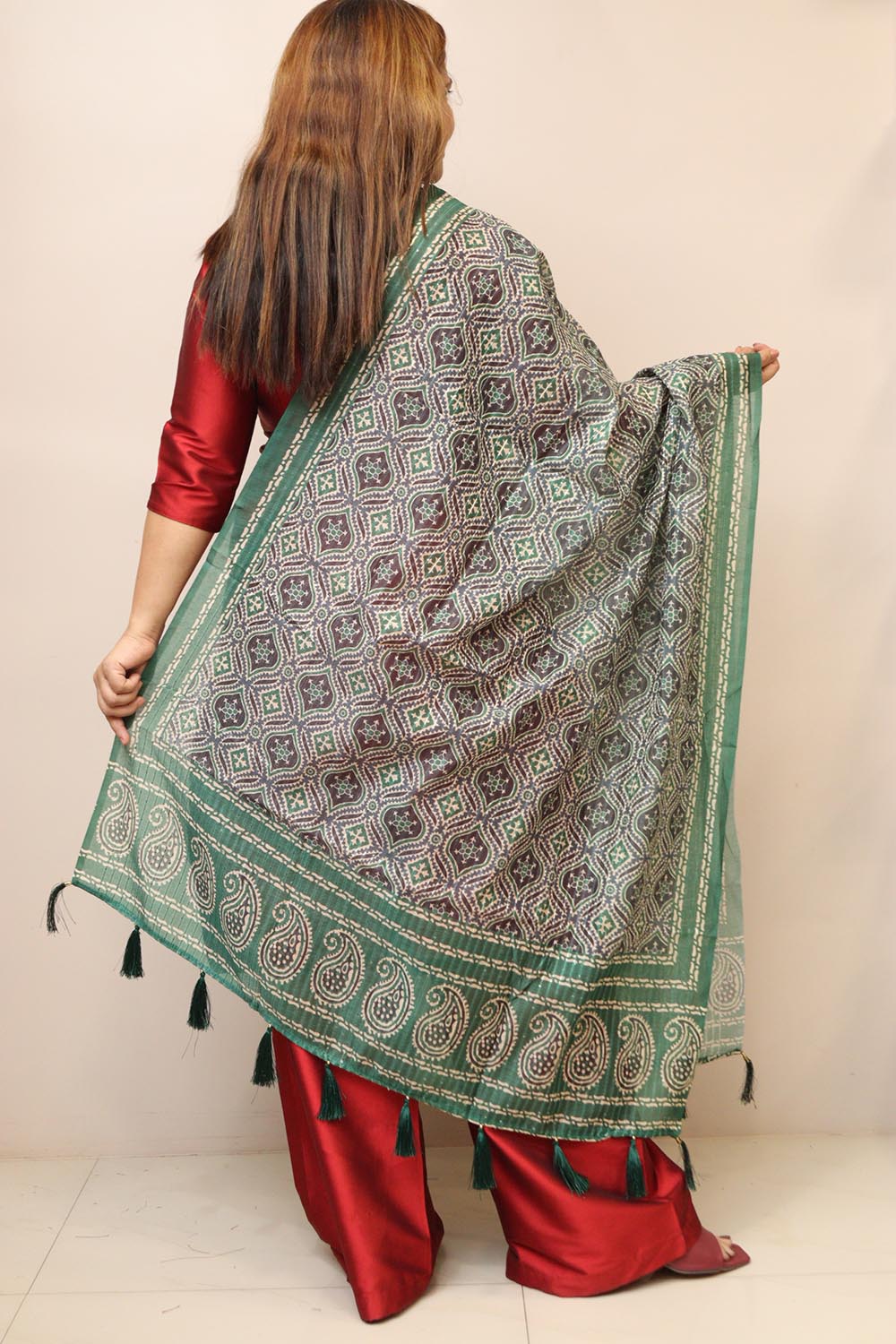 Green Digital Printed Chanderi Ajrakh Design Dupatta