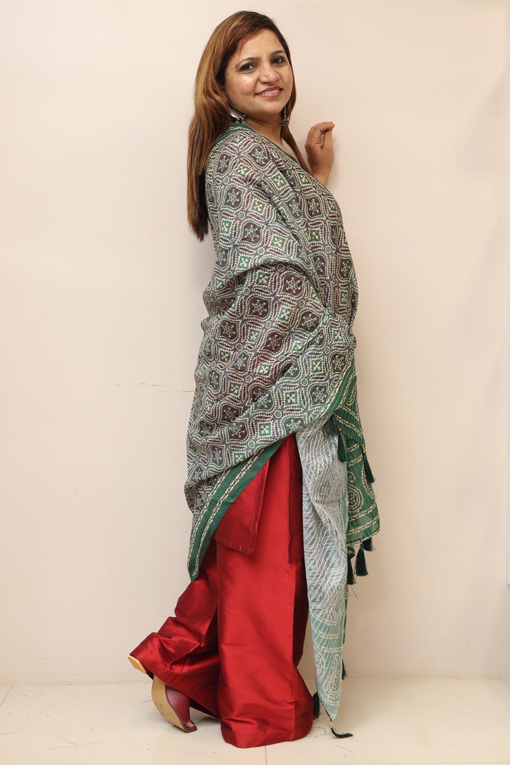 Green Digital Printed Chanderi Ajrakh Design Dupatta