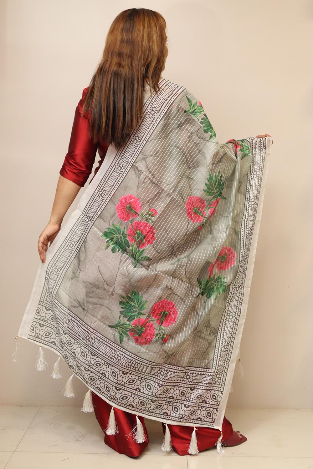 Grey Digital Printed Chanderi Flower Design Dupatta