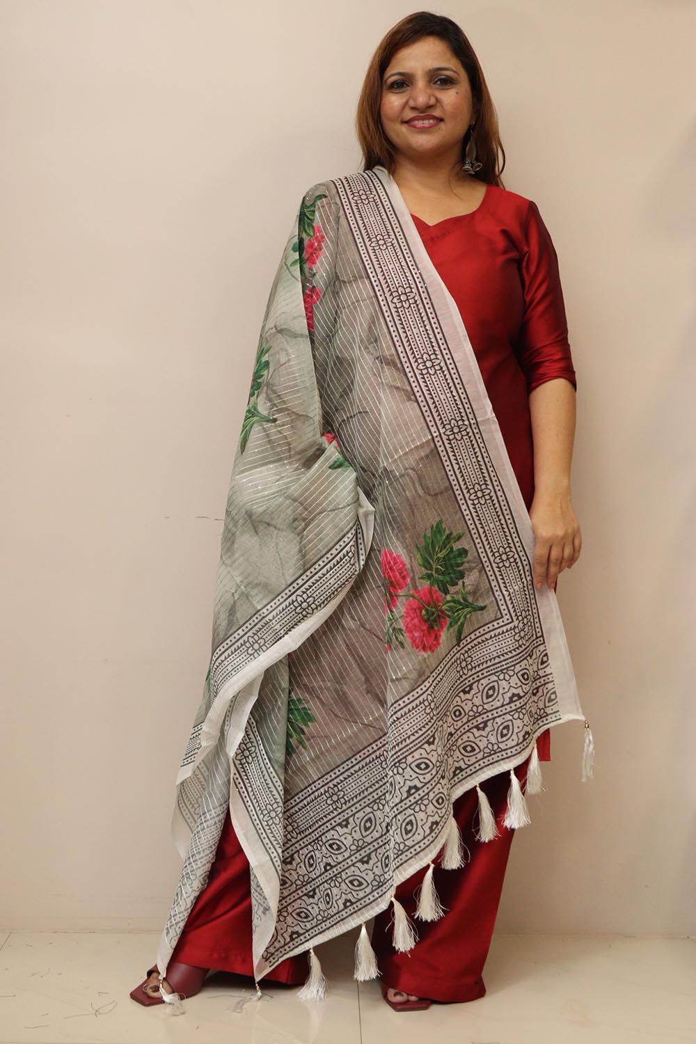 Grey Digital Printed Chanderi Flower Design Dupatta