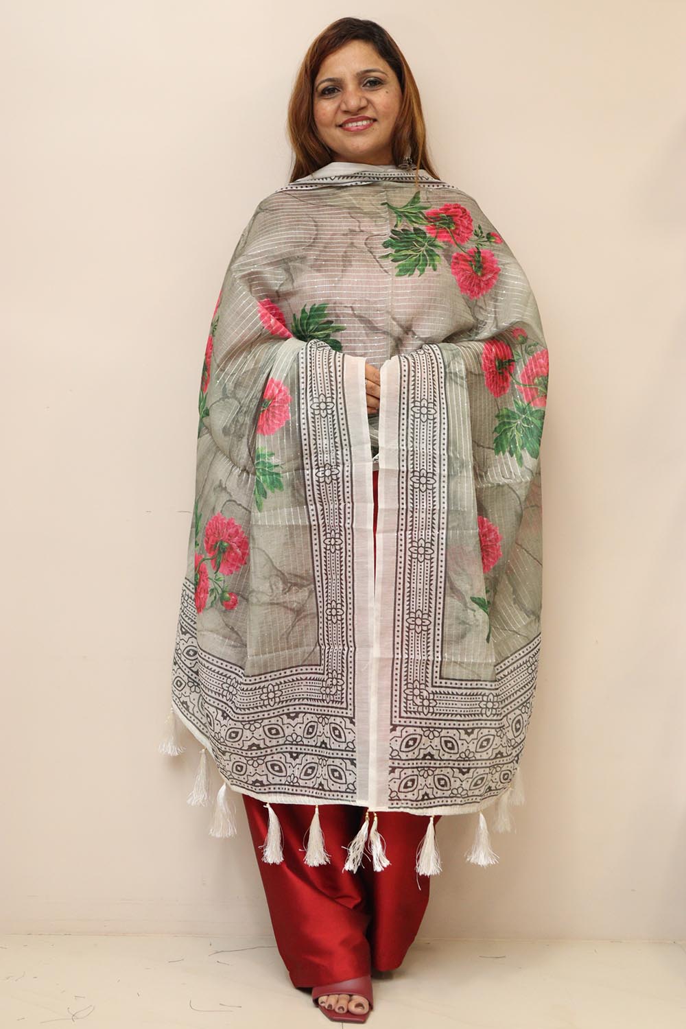 Grey Digital Printed Chanderi Flower Design Dupatta