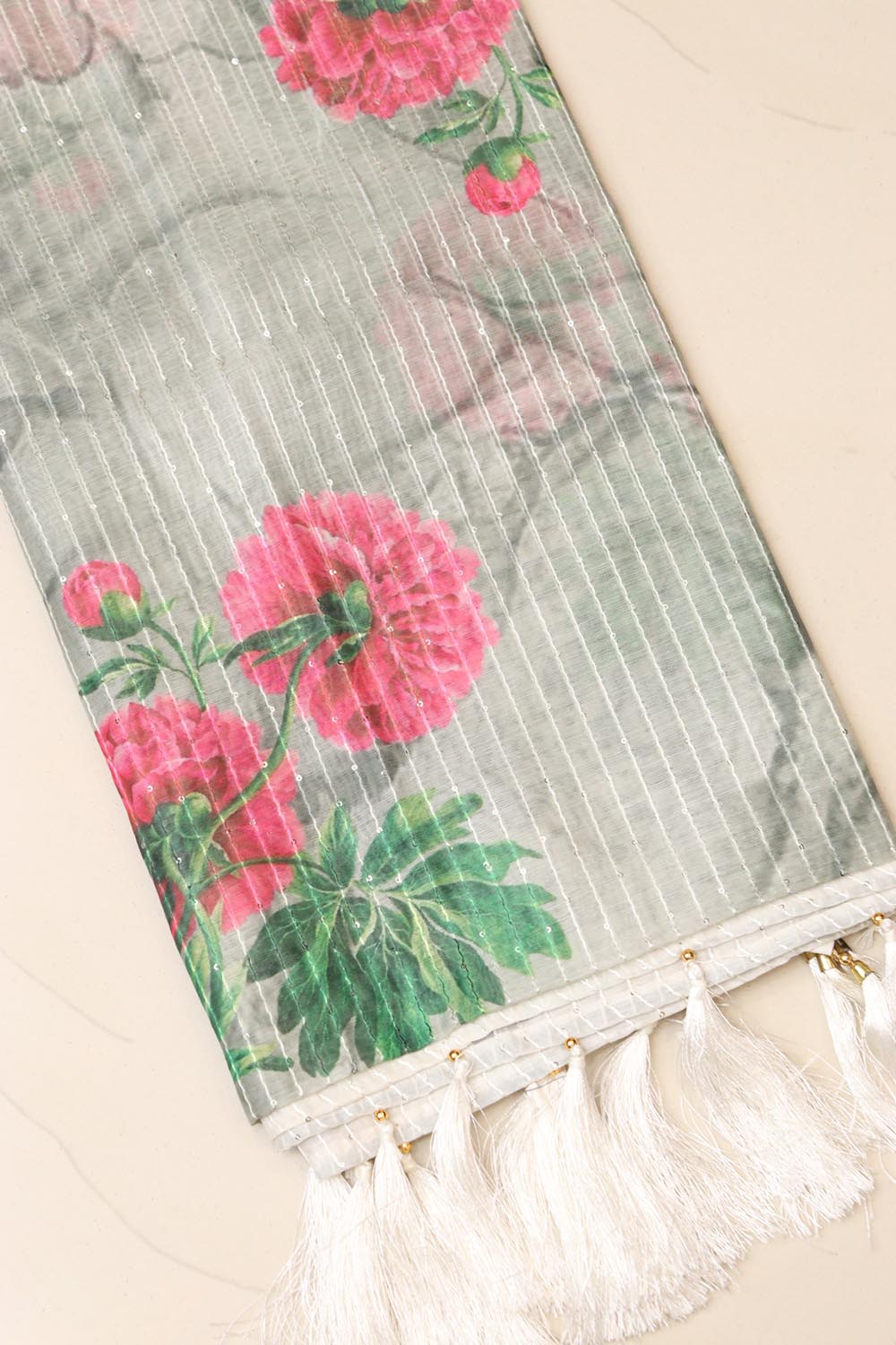 Grey Digital Printed Chanderi Flower Design Dupatta