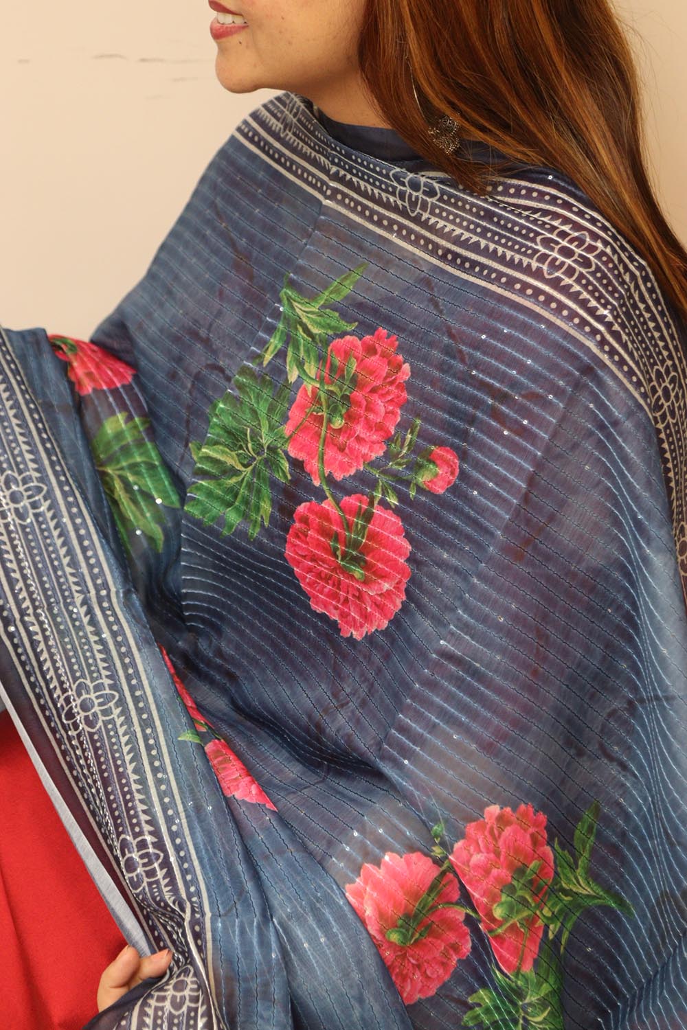 Blue Digital Printed Chanderi Flower Design Dupatta