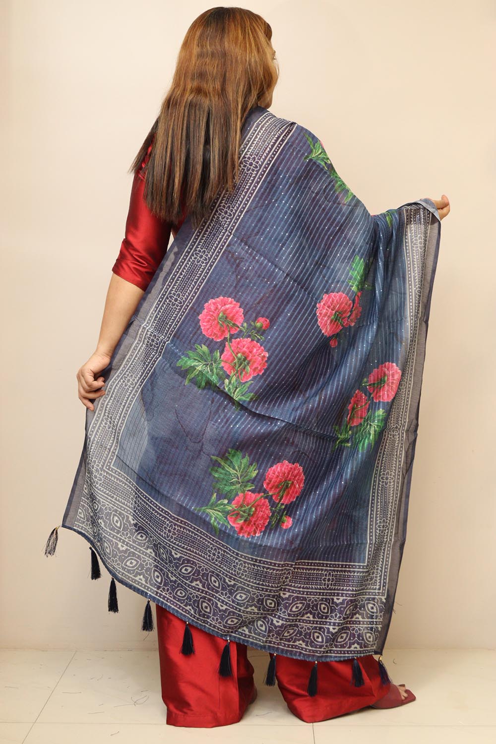 Blue Digital Printed Chanderi Flower Design Dupatta