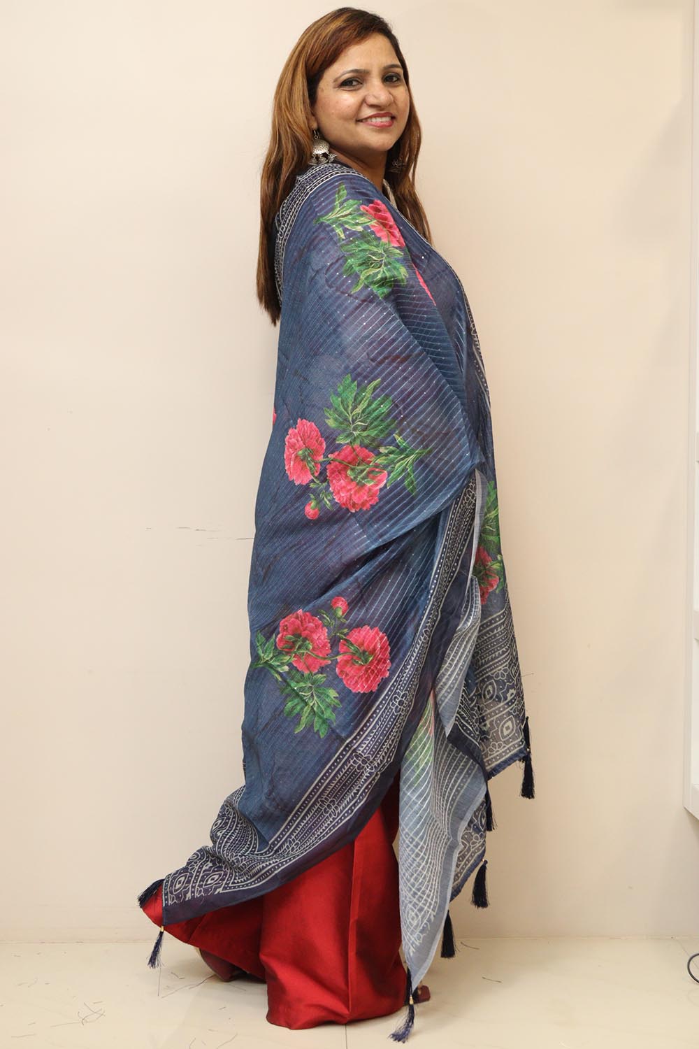Blue Digital Printed Chanderi Flower Design Dupatta