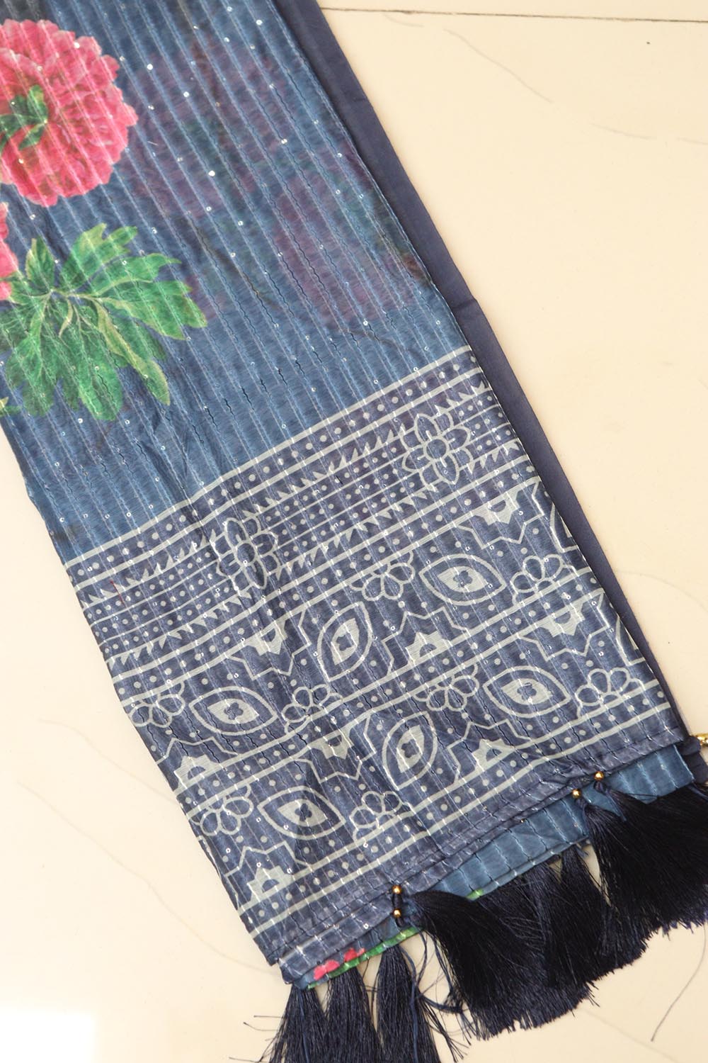 Blue Digital Printed Chanderi Flower Design Dupatta