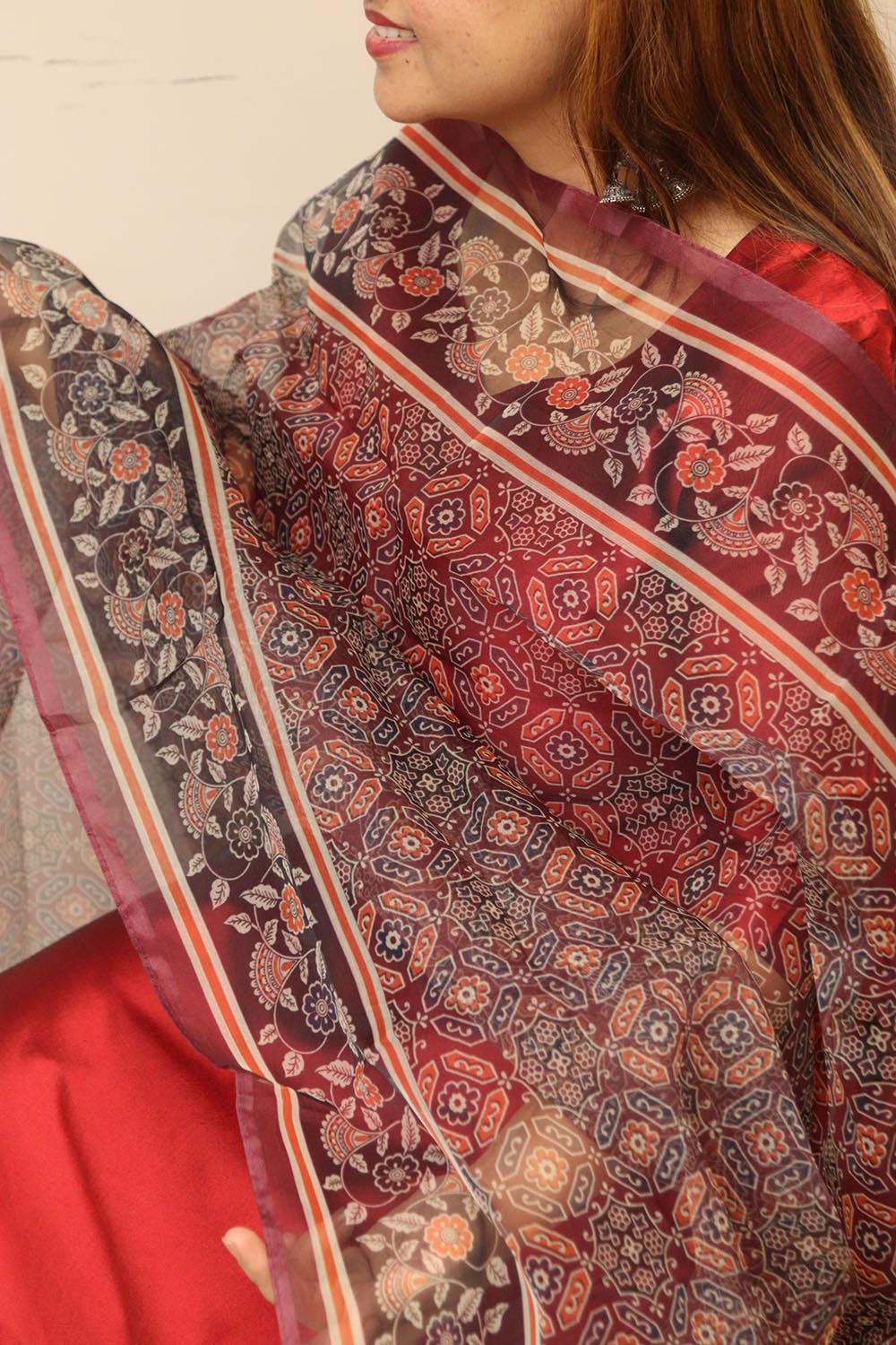 Multicolor Digital Printed Organza Ajrakh Design Dupatta