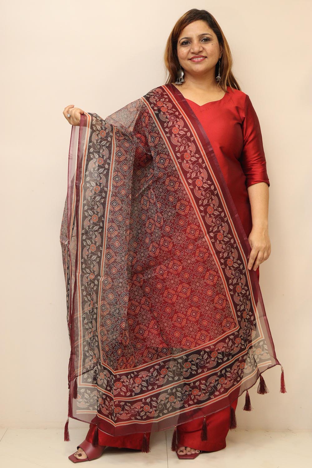 Multicolor Digital Printed Organza Ajrakh Design Dupatta