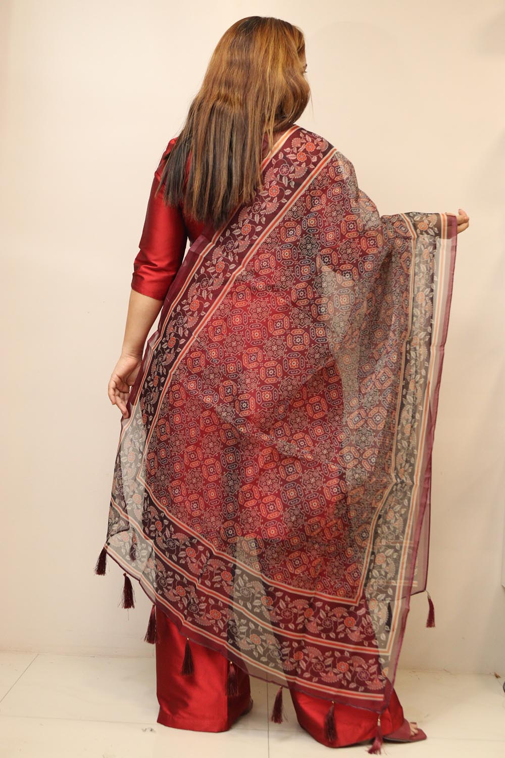 Multicolor Digital Printed Organza Ajrakh Design Dupatta