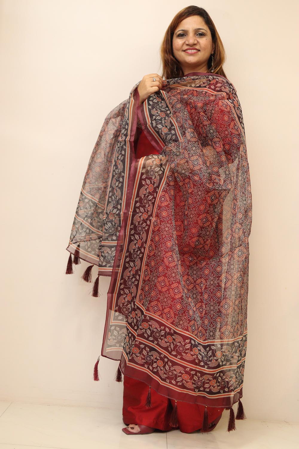 Multicolor Digital Printed Organza Ajrakh Design Dupatta