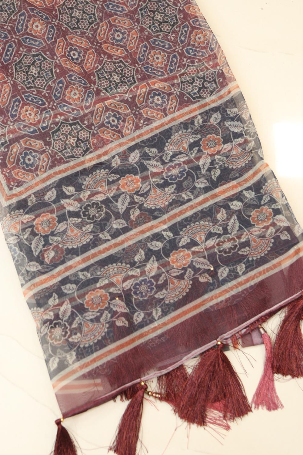 Multicolor Digital Printed Organza Ajrakh Design Dupatta