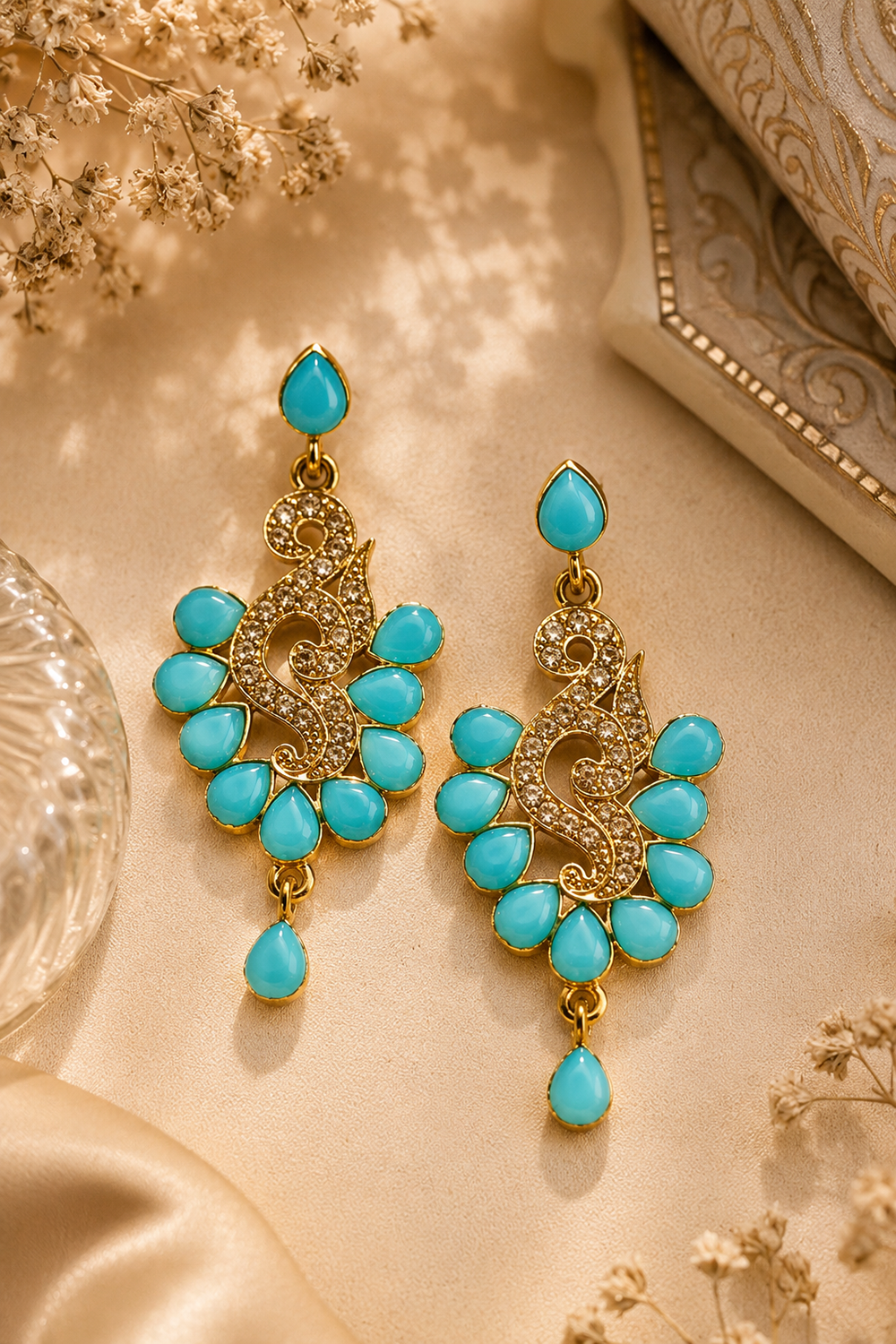 Blue Art Beads Dangle Earrings Festive Diamond Accent