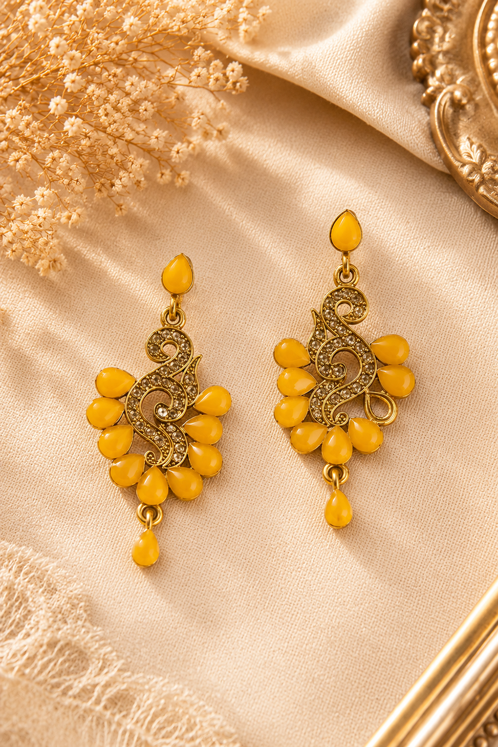 Golden Yellow Art Beads Dangle Earrings Festive Diamond Accent