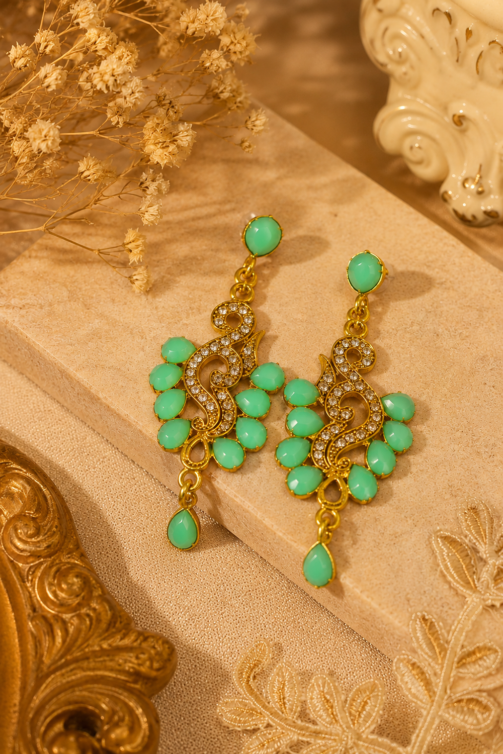 Mint Green Art Beads Dangle Earrings Festive Diamond Accent