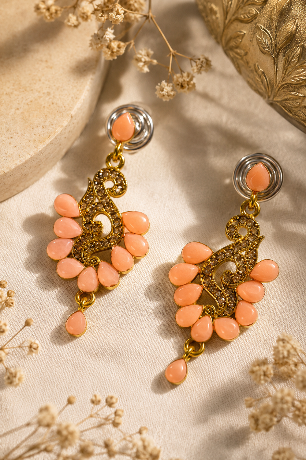 Peach Beads & Diamond Dangle Earrings | Elegant Statement Jewelry