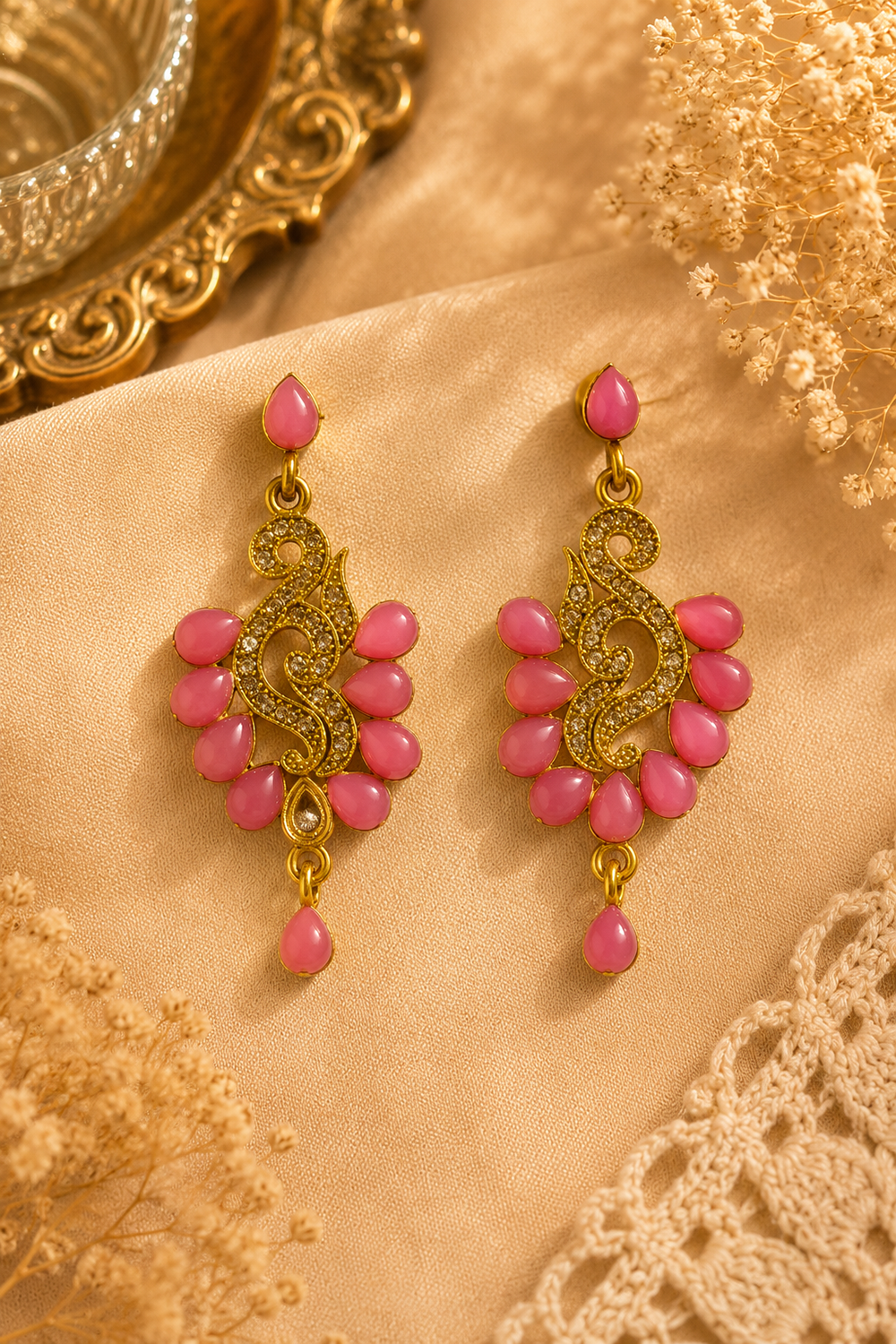 Pink Art Beads Dangle Earrings Festive Diamond Accent