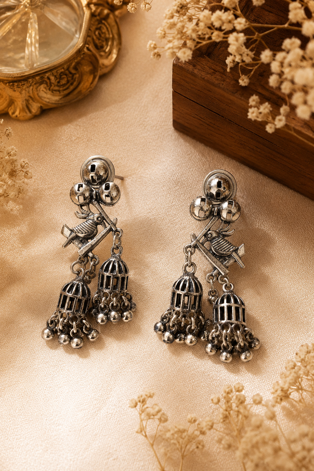 Amethyst Art Stone Jhumka Earrings Festive Birdcage Design