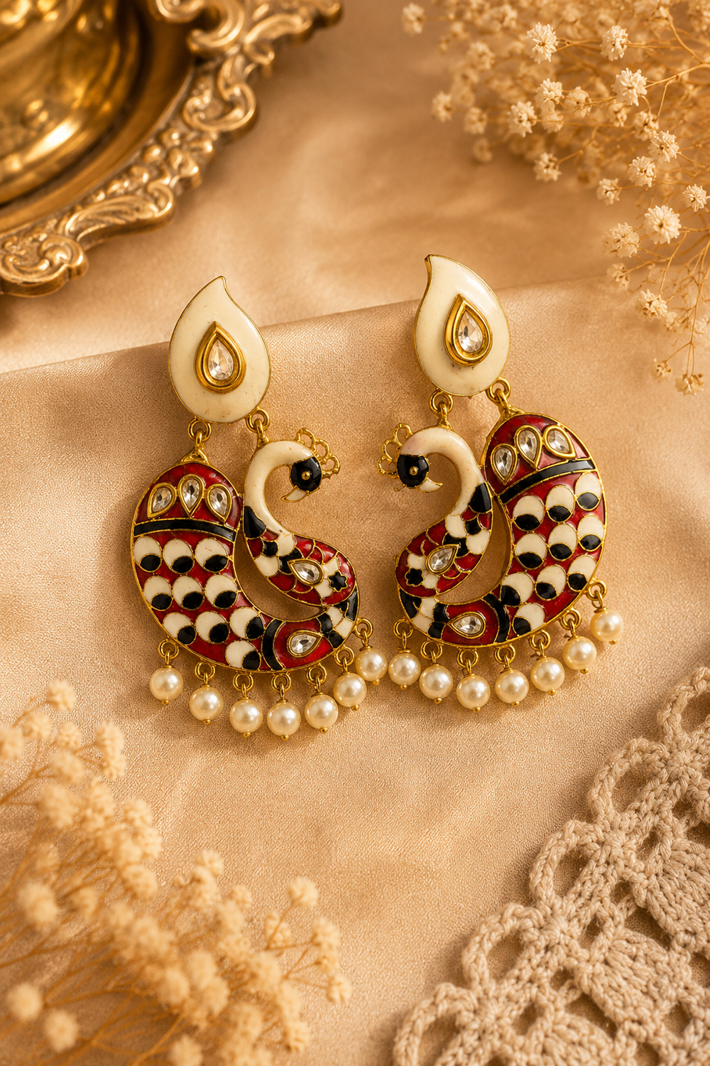 Ivory Peacock Art Pearl Earrings Festive Ethnic Statement