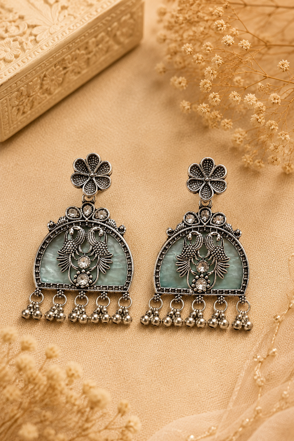 Oxidised Peacock Motif Stone Chandbali Earrings