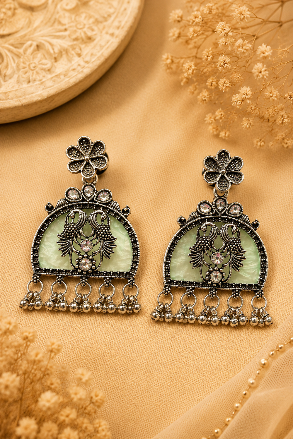 Oxidised Peacock Motif Stone Chandbali Earrings