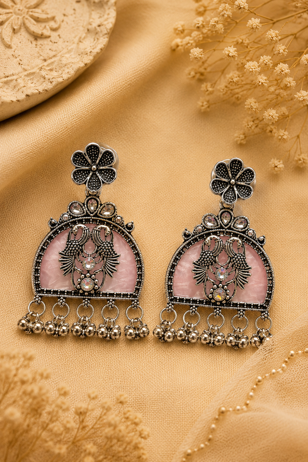 Oxidised Peacock Motif Stone Chandbali Earrings