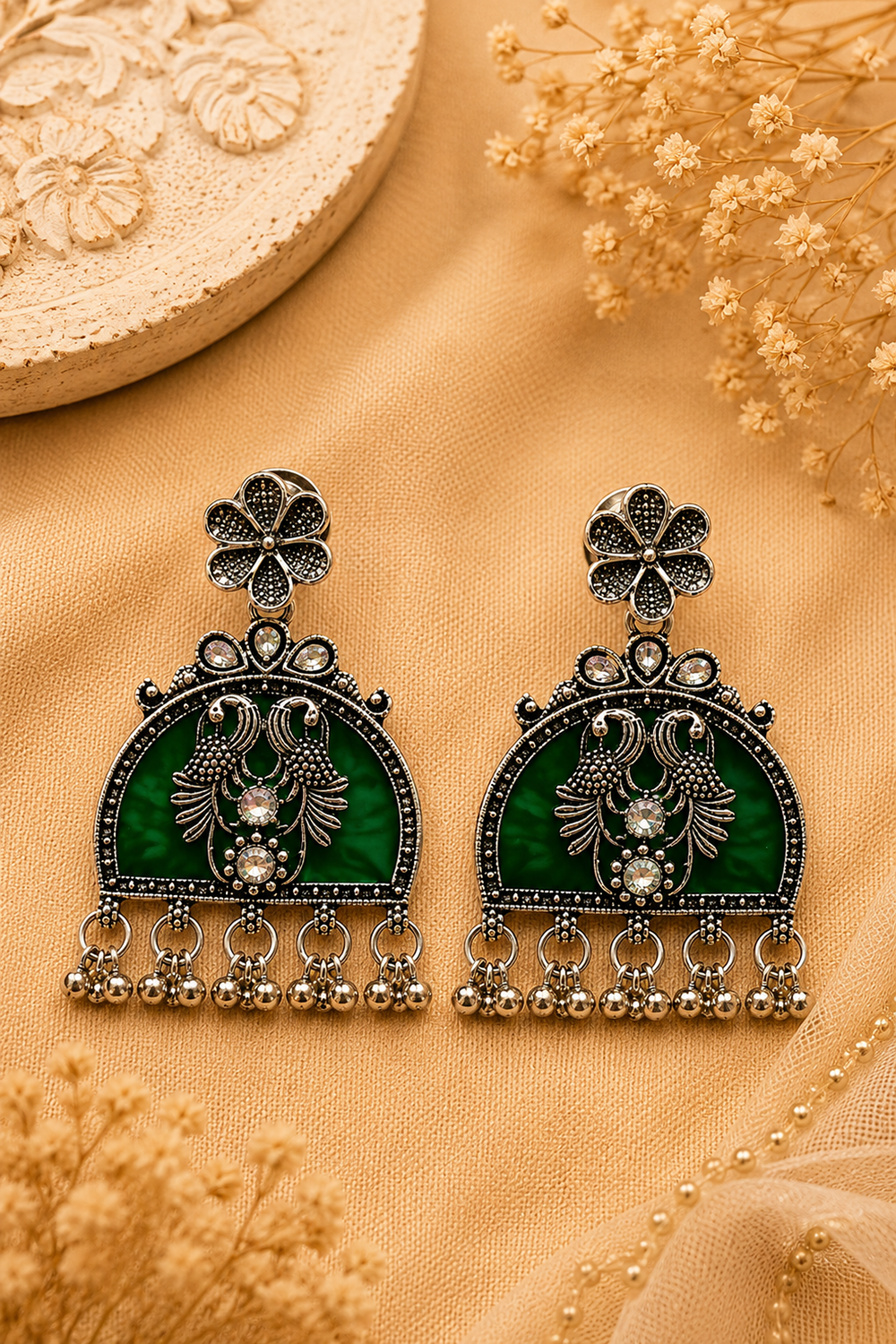 Oxidised Peacock Motif Stone Chandbali Earrings