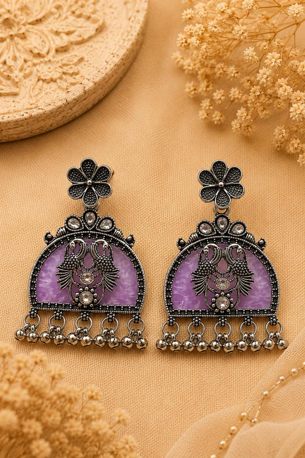 Oxidised Peacock Motif Stone Chandbali Earrings