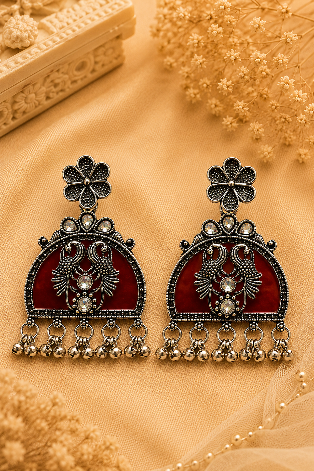 Oxidised Peacock Motif Stone Chandbali Earrings