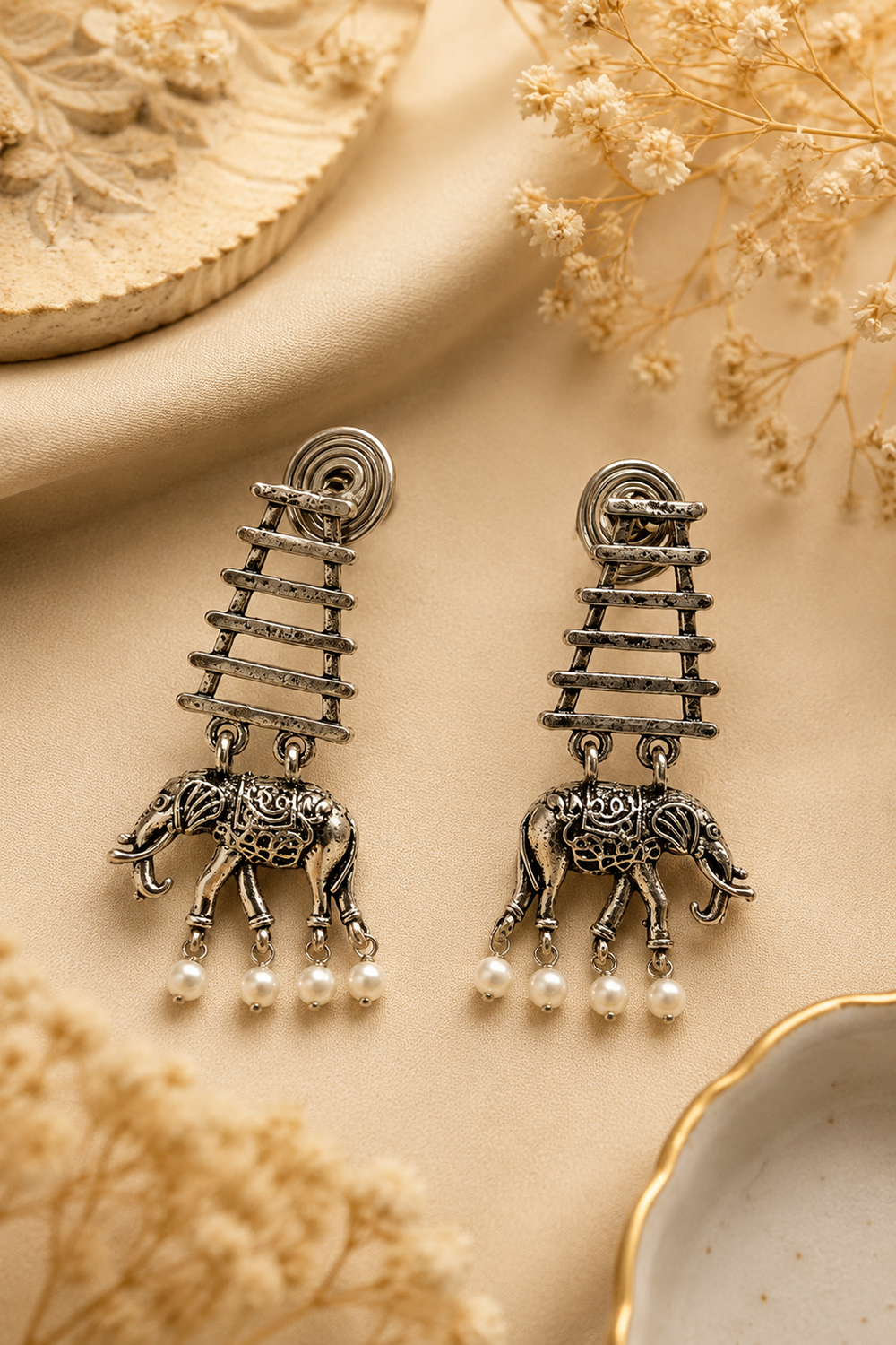 Oxidised Elephant Motif Pearl Drop Dangle Earrings
