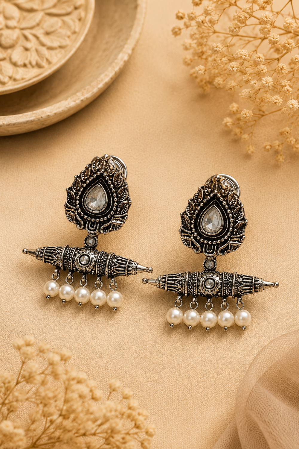 Oxidised White Stone Pearl Drop Statement Earrings