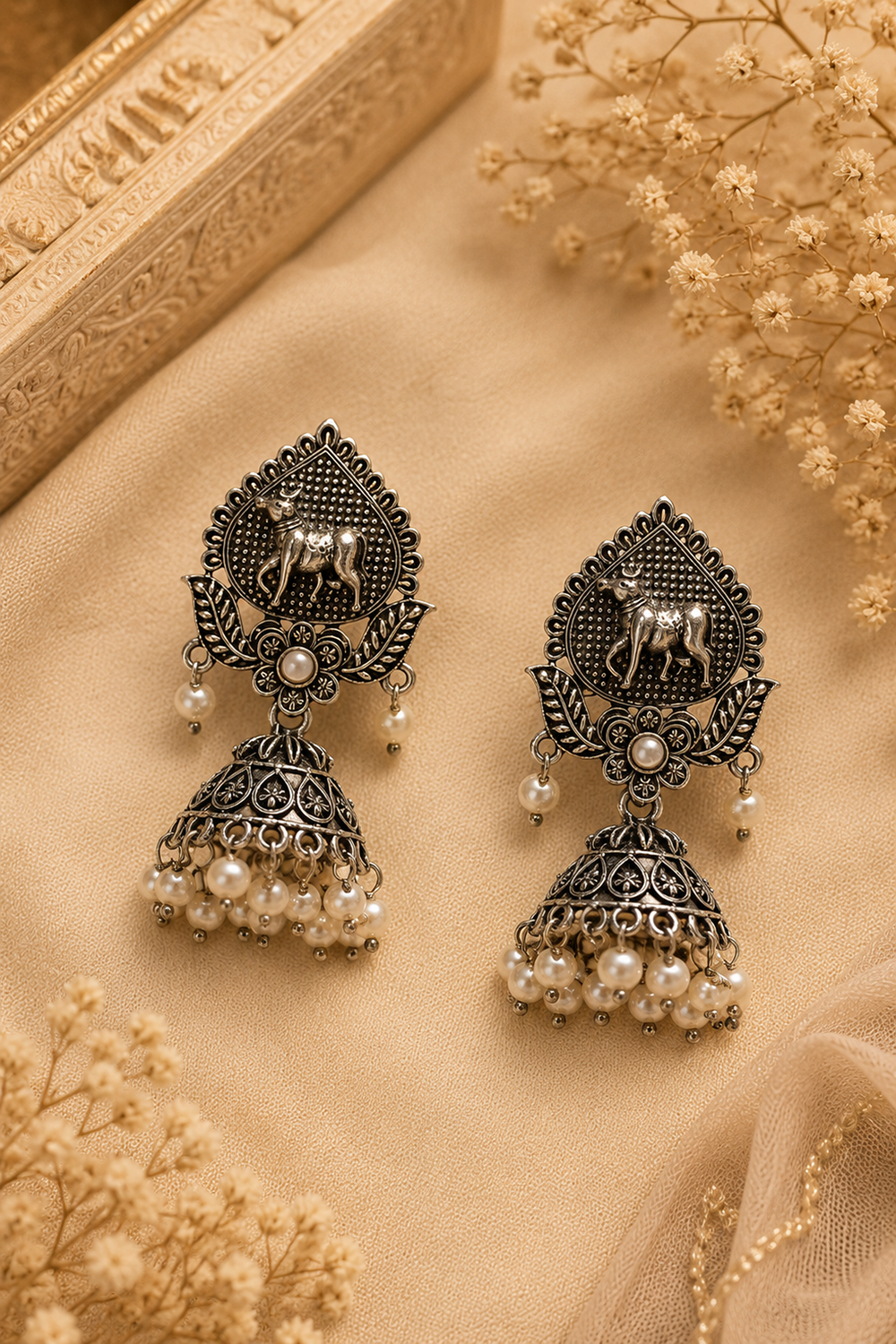Oxidised Deer Motif Pearl Jhumka Earrings