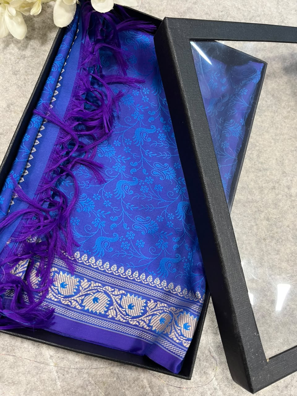 Gift Box of Pashmina Design Blue Banarasi Silk Stole with traditional integrate design – Pack of 1