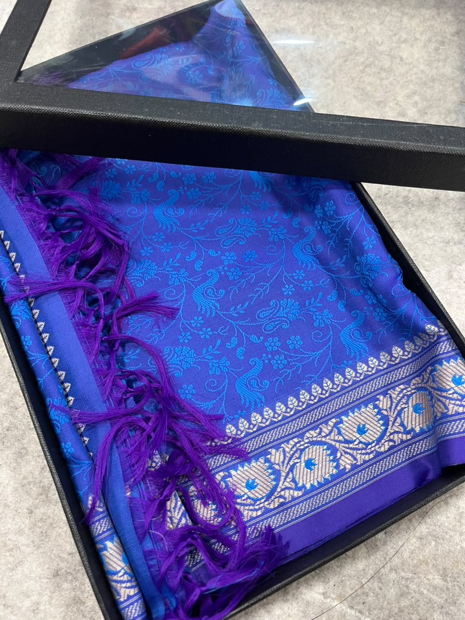 Gift Box of Pashmina Design Blue Banarasi Silk Stole with traditional integrate design – Pack of 1