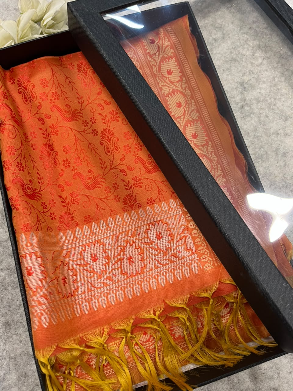Gift Box of Pashmina Design Orange Banarasi Silk Stole with traditional integrate design – Pack of 1