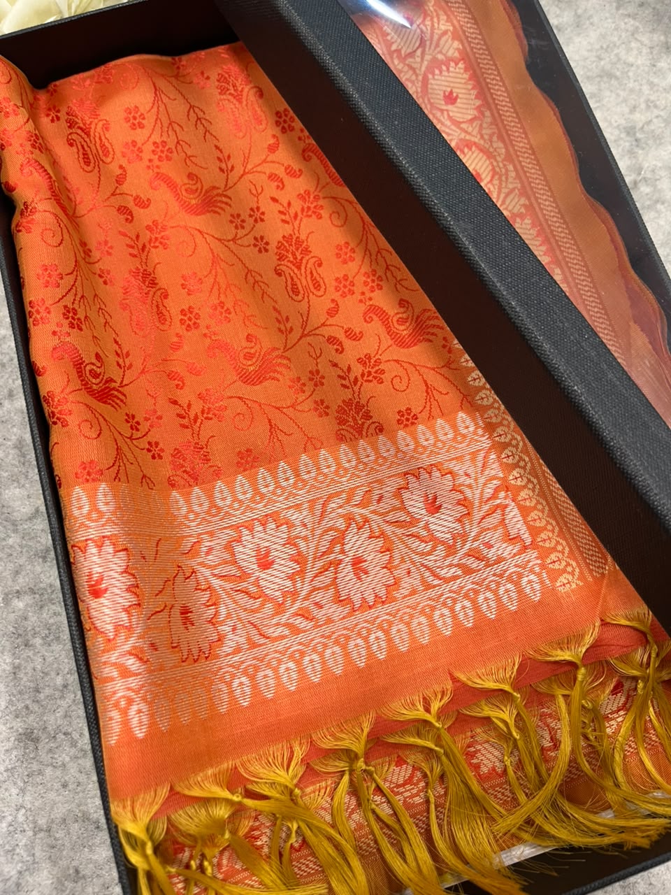 Gift Box of Pashmina Design Orange Banarasi Silk Stole with traditional integrate design – Pack of 1