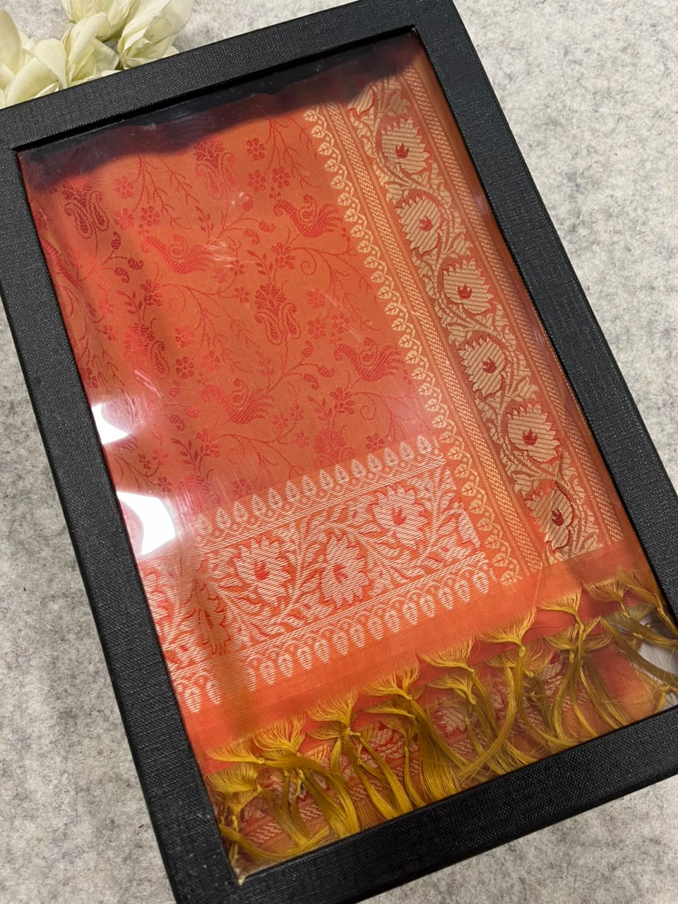 Gift Box of Pashmina Design Orange Banarasi Silk Stole with traditional integrate design – Pack of 1
