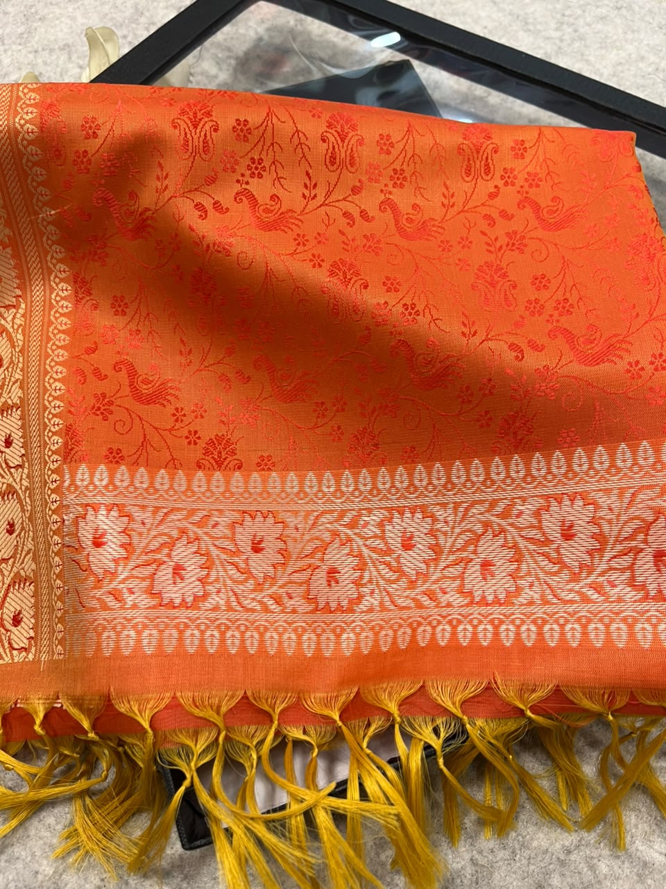 Gift Box of Pashmina Design Orange Banarasi Silk Stole with traditional integrate design – Pack of 1