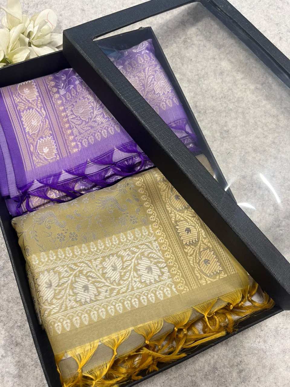 Gift Box of Pashmina Design Pastel And Lavender Banarasi Silk Stole with traditional integrate design – Pack of 2