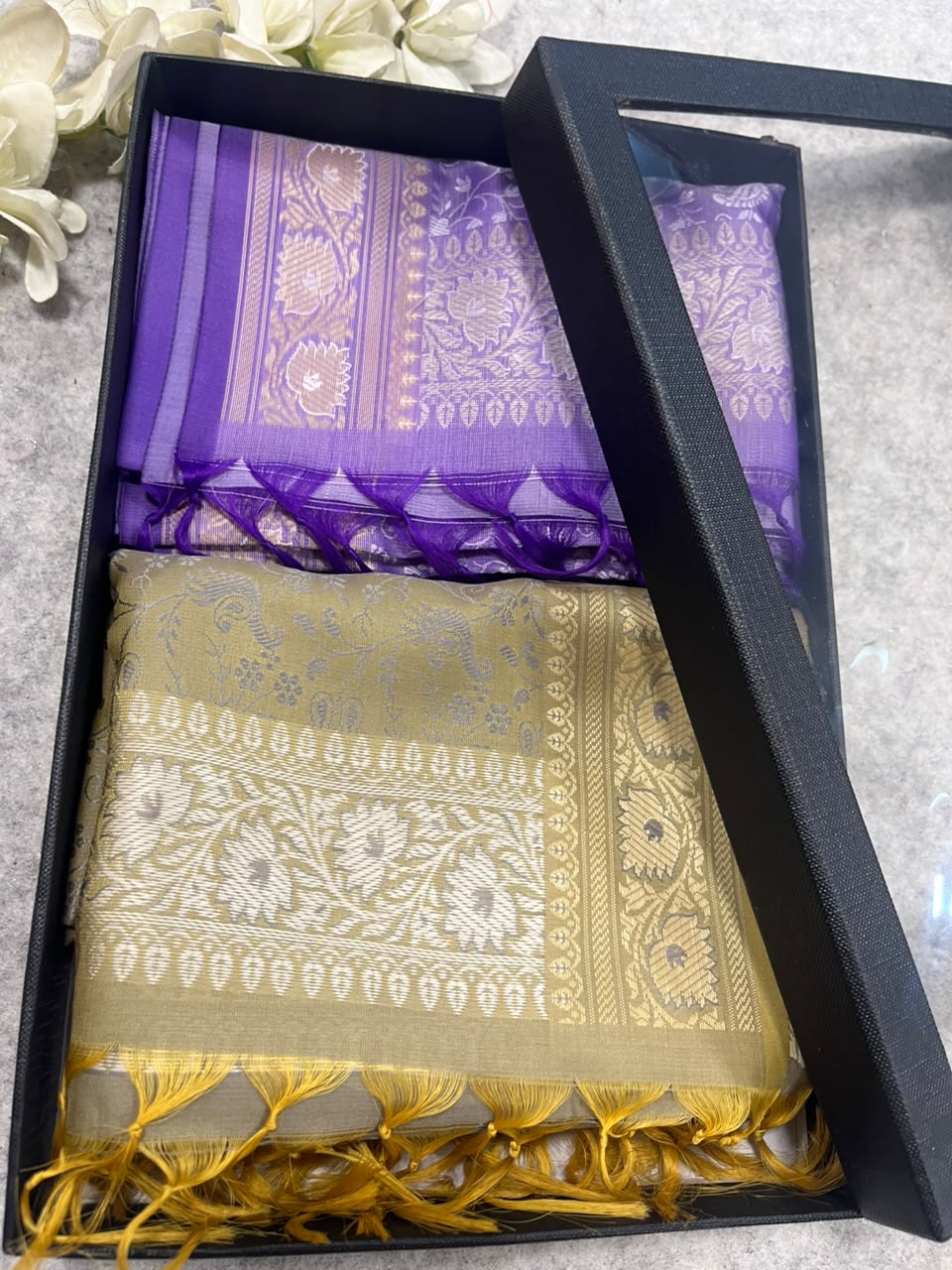 Gift Box of Pashmina Design Pastel And Lavender Banarasi Silk Stole with traditional integrate design – Pack of 2