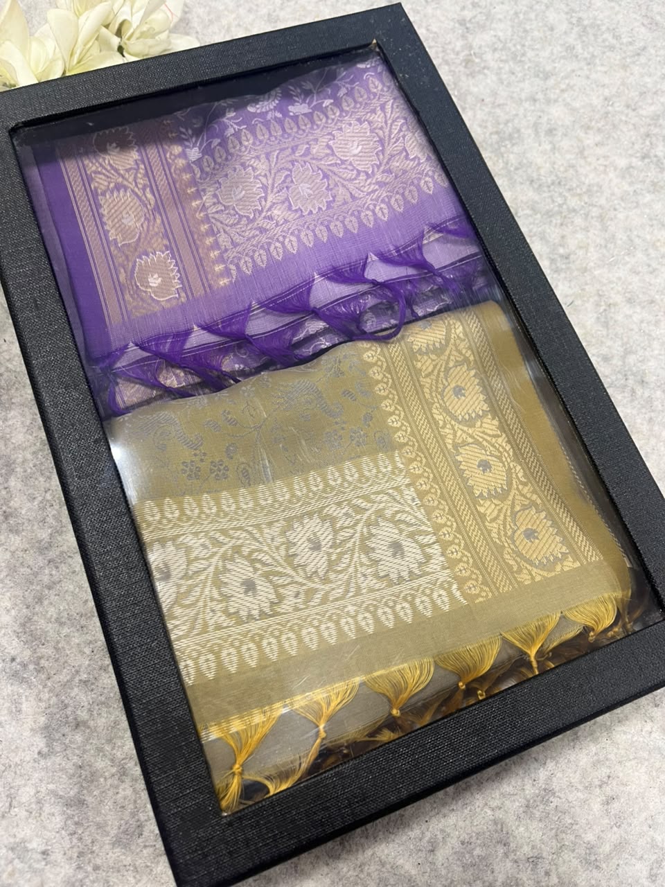 Gift Box of Pashmina Design Pastel And Lavender Banarasi Silk Stole with traditional integrate design – Pack of 2