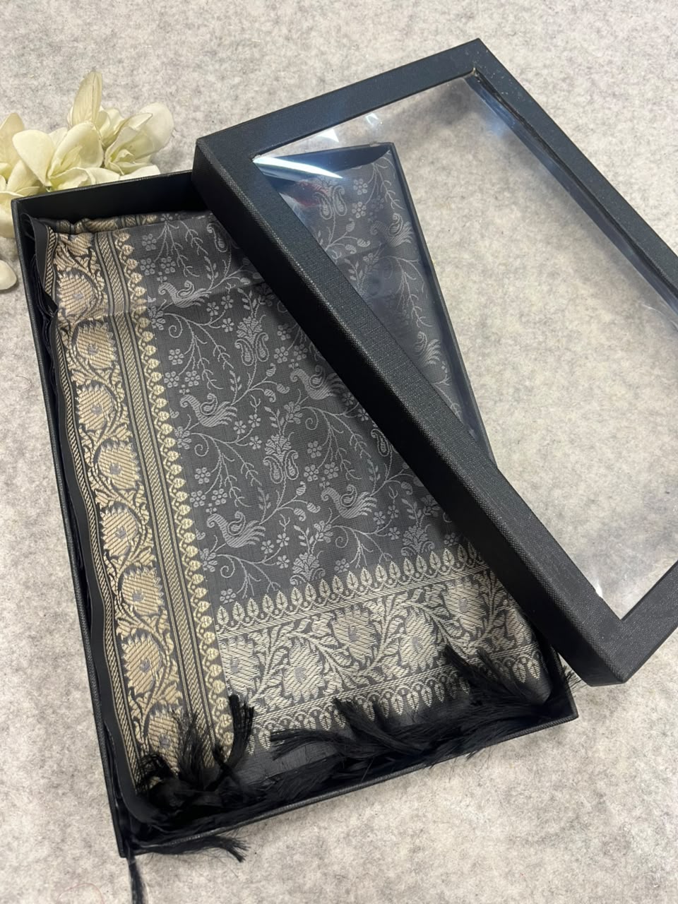 Gift Box of Pashmina Design Grey Banarasi Silk Stole with traditional integrate design – Pack of 1